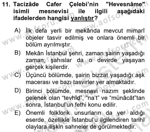 XIV-XV. Yüzyıllar Türk Edebiyatı Dersi 2023 - 2024 Yılı (Final) Dönem Sonu Sınav Soruları 11. Soru