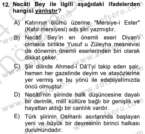 XIV-XV. Yüzyıllar Türk Edebiyatı Dersi 2023 - 2024 Yılı (Final) Dönem Sonu Sınav Soruları 12. Soru