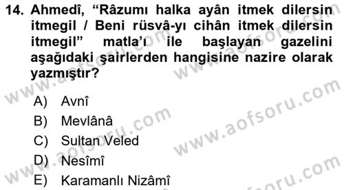 XIV-XV. Yüzyıllar Türk Edebiyatı Dersi 2023 - 2024 Yılı (Final) Dönem Sonu Sınav Soruları 14. Soru