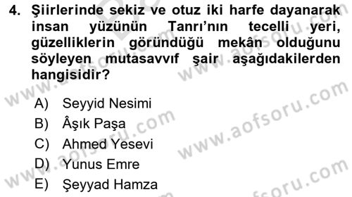 XIV-XV. Yüzyıllar Türk Edebiyatı Dersi 2023 - 2024 Yılı (Final) Dönem Sonu Sınav Soruları 4. Soru