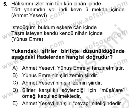 XIV-XV. Yüzyıllar Türk Edebiyatı Dersi 2023 - 2024 Yılı (Final) Dönem Sonu Sınav Soruları 5. Soru