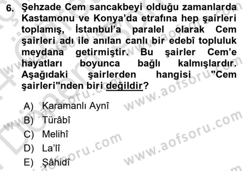XIV-XV. Yüzyıllar Türk Edebiyatı Dersi 2023 - 2024 Yılı (Final) Dönem Sonu Sınav Soruları 6. Soru