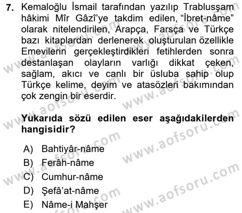 XIV-XV. Yüzyıllar Türk Edebiyatı Dersi 2023 - 2024 Yılı (Final) Dönem Sonu Sınav Soruları 7. Soru