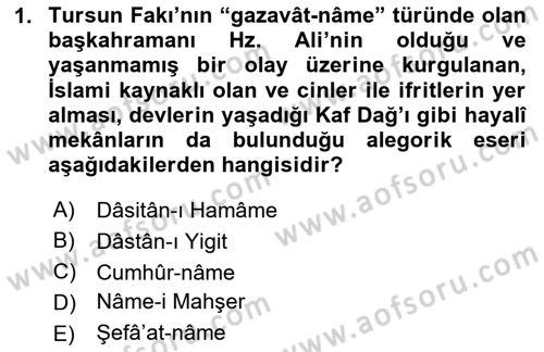 XIV-XV. Yüzyıllar Türk Edebiyatı Dersi 2024 - 2025 Yılı (Vize) Ara Sınav Soruları 1. Soru