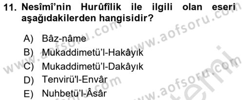 XIV-XV. Yüzyıllar Türk Edebiyatı Dersi 2024 - 2025 Yılı (Vize) Ara Sınav Soruları 11. Soru