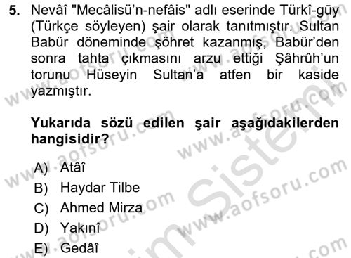 XIV-XV. Yüzyıllar Türk Edebiyatı Dersi 2024 - 2025 Yılı (Vize) Ara Sınav Soruları 5. Soru