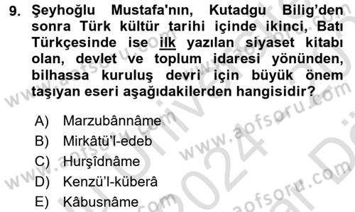XIV-XV. Yüzyıllar Türk Edebiyatı Dersi 2024 - 2025 Yılı (Vize) Ara Sınav Soruları 9. Soru