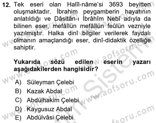 XIV-XV. Yüzyıllar Türk Edebiyatı Dersi 2024 - 2025 Yılı Yaz Okulu Sınav Soruları 12. Soru