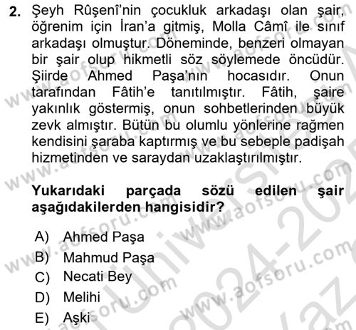 XIV-XV. Yüzyıllar Türk Edebiyatı Dersi 2024 - 2025 Yılı Yaz Okulu Sınav Soruları 2. Soru