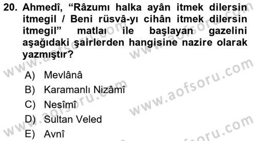 XIV-XV. Yüzyıllar Türk Edebiyatı Dersi 2024 - 2025 Yılı Yaz Okulu Sınav Soruları 20. Soru