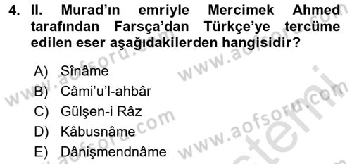 XIV-XV. Yüzyıllar Türk Edebiyatı Dersi 2024 - 2025 Yılı Yaz Okulu Sınav Soruları 4. Soru