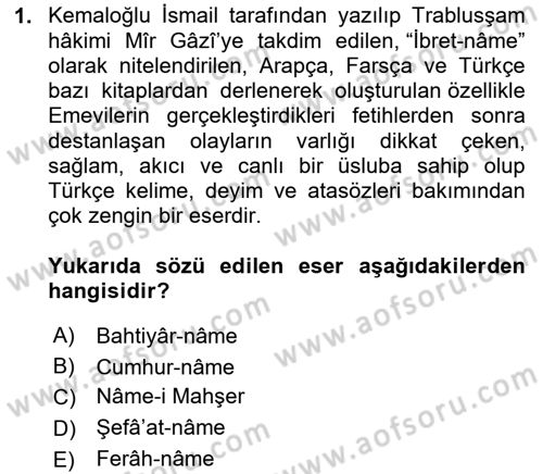 XIV-XV. Yüzyıllar Türk Edebiyatı Dersi 2025 - 2026 Yılı (Vize) Ara Sınav Soruları 1. Soru