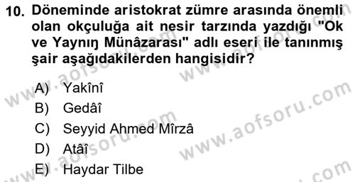 XIV-XV. Yüzyıllar Türk Edebiyatı Dersi 2025 - 2026 Yılı (Vize) Ara Sınav Soruları 10. Soru