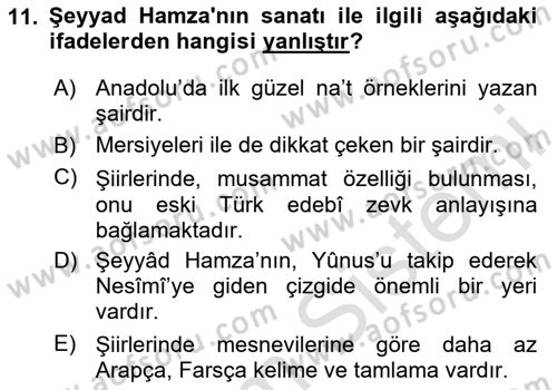 XIV-XV. Yüzyıllar Türk Edebiyatı Dersi 2025 - 2026 Yılı (Vize) Ara Sınav Soruları 11. Soru