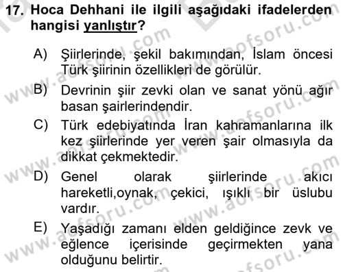 XIV-XV. Yüzyıllar Türk Edebiyatı Dersi 2025 - 2026 Yılı (Vize) Ara Sınav Soruları 17. Soru