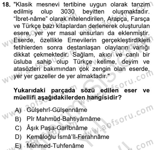 XIV-XV. Yüzyıllar Türk Edebiyatı Dersi 2025 - 2026 Yılı (Vize) Ara Sınav Soruları 18. Soru