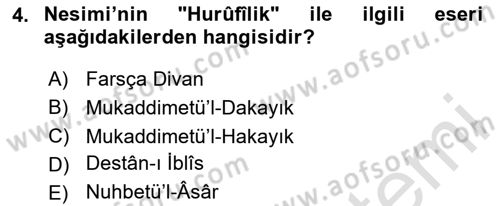XIV-XV. Yüzyıllar Türk Edebiyatı Dersi 2025 - 2026 Yılı (Vize) Ara Sınav Soruları 4. Soru