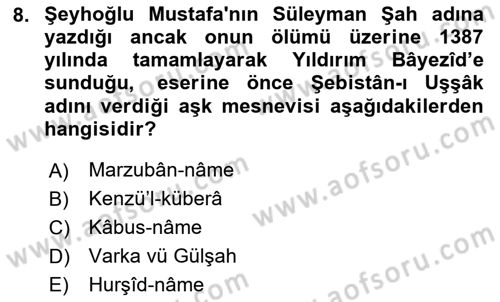 XIV-XV. Yüzyıllar Türk Edebiyatı Dersi 2025 - 2026 Yılı (Vize) Ara Sınav Soruları 8. Soru