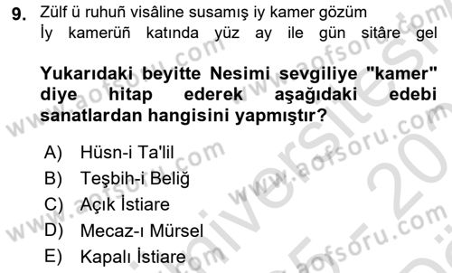 XIV-XV. Yüzyıllar Türk Edebiyatı Dersi 2025 - 2026 Yılı (Vize) Ara Sınav Soruları 9. Soru