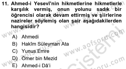 XIV-XV. Yüzyıllar Türk Edebiyatı Dersi 2025 - 2026 Yılı (Final) Dönem Sonu Sınav Soruları 11. Soru