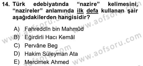 XIV-XV. Yüzyıllar Türk Edebiyatı Dersi 2025 - 2026 Yılı (Final) Dönem Sonu Sınav Soruları 14. Soru