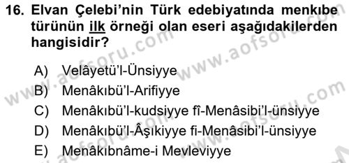 XIV-XV. Yüzyıllar Türk Edebiyatı Dersi 2025 - 2026 Yılı (Final) Dönem Sonu Sınav Soruları 16. Soru