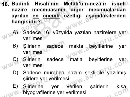 XIV-XV. Yüzyıllar Türk Edebiyatı Dersi 2025 - 2026 Yılı (Final) Dönem Sonu Sınav Soruları 18. Soru