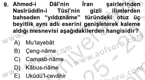 XIV-XV. Yüzyıllar Türk Edebiyatı Dersi 2025 - 2026 Yılı (Final) Dönem Sonu Sınav Soruları 9. Soru