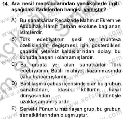 Tanzimat Dönemi Türk Edebiyatı 1 Dersi 2013 - 2014 Yılı (Final) Dönem Sonu Sınav Soruları 14. Soru