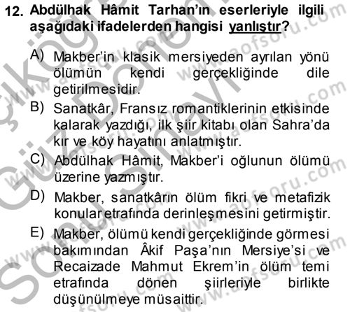 Tanzimat Dönemi Türk Edebiyatı 1 Dersi 2014 - 2015 Yılı (Final) Dönem Sonu Sınav Soruları 12. Soru