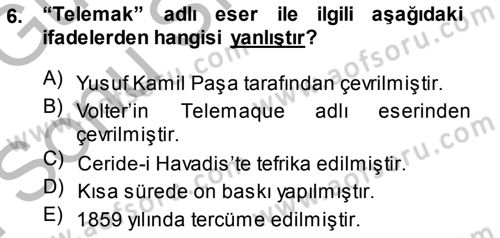 Tanzimat Dönemi Türk Edebiyatı 1 Dersi 2014 - 2015 Yılı (Final) Dönem Sonu Sınav Soruları 6. Soru