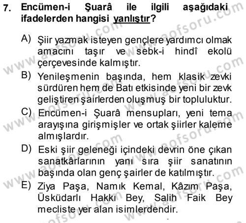 Tanzimat Dönemi Türk Edebiyatı 1 Dersi 2014 - 2015 Yılı (Final) Dönem Sonu Sınav Soruları 7. Soru