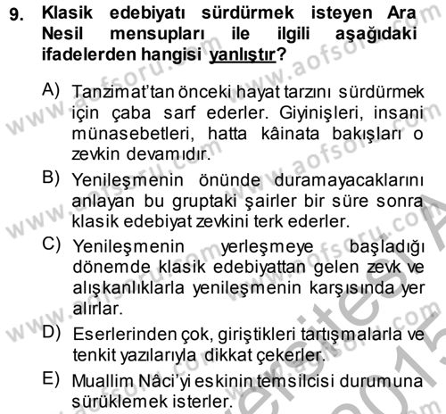 Tanzimat Dönemi Türk Edebiyatı 1 Dersi 2014 - 2015 Yılı (Final) Dönem Sonu Sınav Soruları 9. Soru