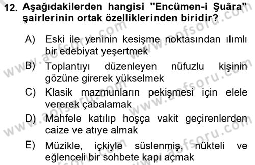 Tanzimat Dönemi Türk Edebiyatı 1 Dersi 2017 - 2018 Yılı (Vize) Ara Sınavı 12. Soru