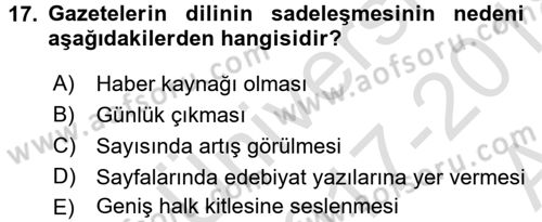 Tanzimat Dönemi Türk Edebiyatı 1 Dersi 2017 - 2018 Yılı (Vize) Ara Sınavı 17. Soru