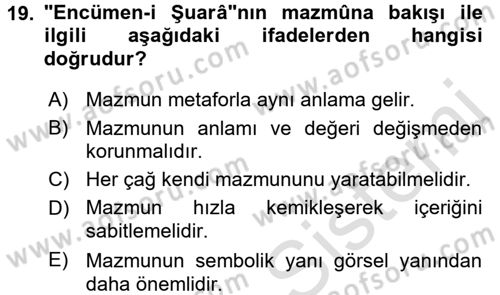 Tanzimat Dönemi Türk Edebiyatı 1 Dersi 2017 - 2018 Yılı (Vize) Ara Sınavı 19. Soru