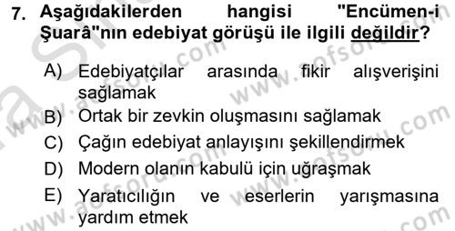 Tanzimat Dönemi Türk Edebiyatı 1 Dersi 2017 - 2018 Yılı (Vize) Ara Sınavı 7. Soru