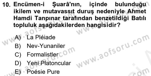 Tanzimat Dönemi Türk Edebiyatı 1 Dersi 2018 - 2019 Yılı (Vize) Ara Sınavı 10. Soru