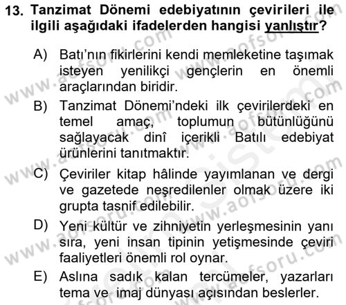 Tanzimat Dönemi Türk Edebiyatı 1 Dersi Ara Sınavı Deneme Sınav Soruları 13. Soru
