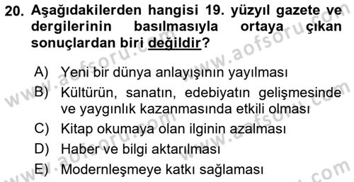 Tanzimat Dönemi Türk Edebiyatı 1 Dersi 2018 - 2019 Yılı (Vize) Ara Sınav Soruları 20. Soru