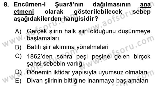 Tanzimat Dönemi Türk Edebiyatı 1 Dersi Ara Sınavı Deneme Sınav Soruları 8. Soru