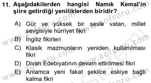 Tanzimat Dönemi Türk Edebiyatı 1 Dersi 2018 - 2019 Yılı (Final) Dönem Sonu Sınavı 11. Soru