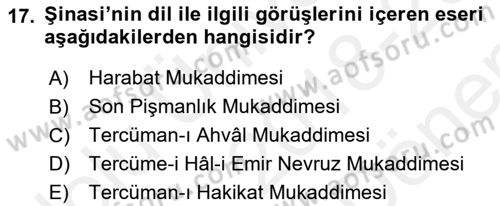 Tanzimat Dönemi Türk Edebiyatı 1 Dersi 2018 - 2019 Yılı (Final) Dönem Sonu Sınavı 17. Soru