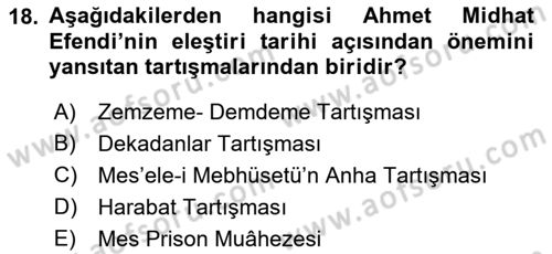 Tanzimat Dönemi Türk Edebiyatı 1 Dersi 2018 - 2019 Yılı (Final) Dönem Sonu Sınavı 18. Soru