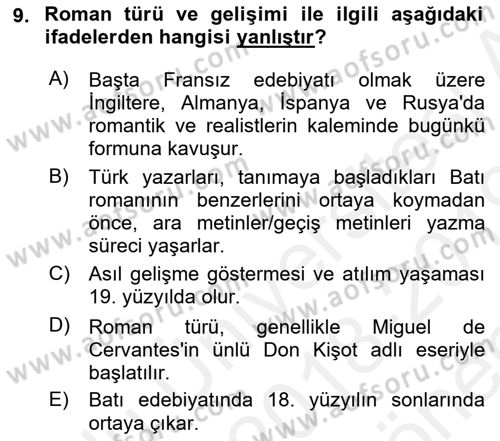 Tanzimat Dönemi Türk Edebiyatı 1 Dersi 2018 - 2019 Yılı (Final) Dönem Sonu Sınavı 9. Soru