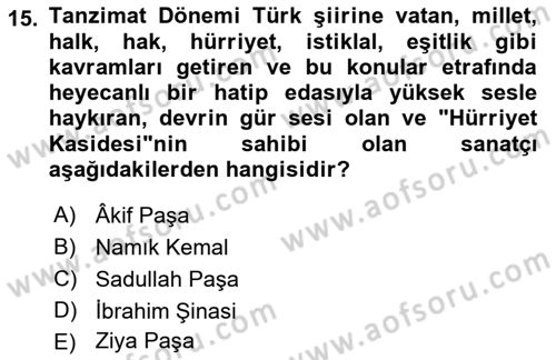Tanzimat Dönemi Türk Edebiyatı 1 Dersi 2018 - 2019 Yılı Yaz Okulu Sınav Soruları 15. Soru