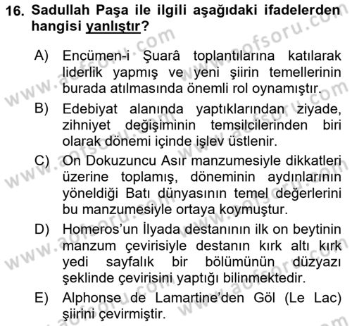 Tanzimat Dönemi Türk Edebiyatı 1 Dersi 2018 - 2019 Yılı Yaz Okulu Sınav Soruları 16. Soru
