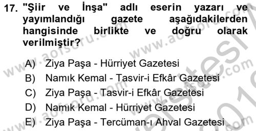 Tanzimat Dönemi Türk Edebiyatı 1 Dersi 2018 - 2019 Yılı Yaz Okulu Sınavı 17. Soru