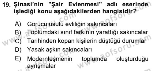 Tanzimat Dönemi Türk Edebiyatı 1 Dersi 2018 - 2019 Yılı Yaz Okulu Sınavı 19. Soru