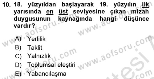 Tanzimat Dönemi Türk Edebiyatı 1 Dersi 2019 - 2020 Yılı (Vize) Ara Sınavı 10. Soru